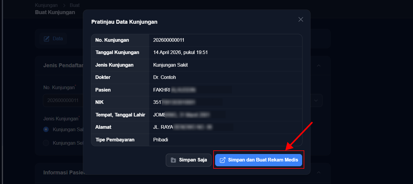 Tombol Simpan dan Buat Rekam Medis